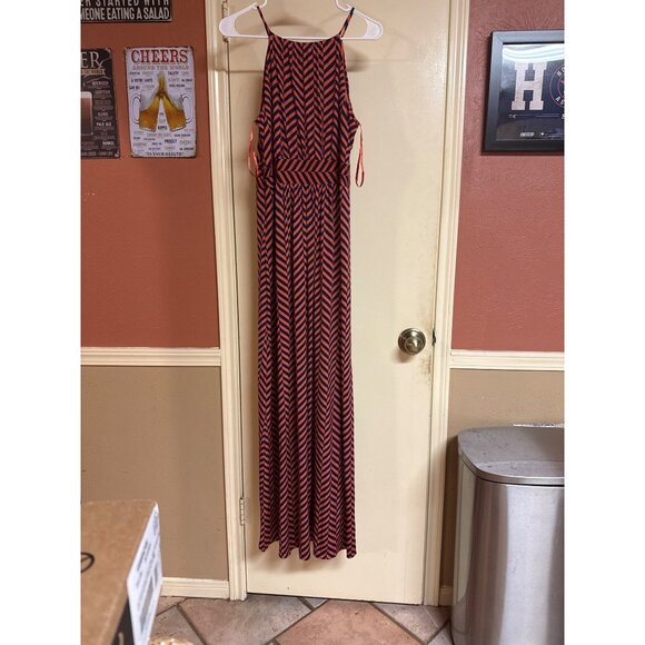 Ann Taylor Loft Womens Maxi Dress M Orange & Navy Chevron Print Sleeveless Adjus - Picture 4 of 5